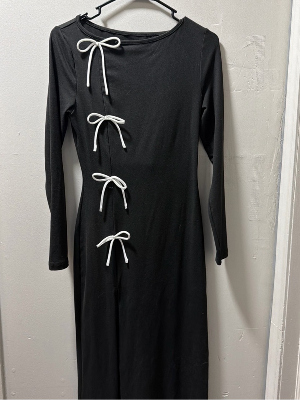 SHEIN Black Long-Sleeve Maxi Dress with White Bow Detail